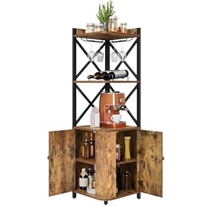 YITAHOME Corner Bar Cabinet with Glass & Wine Holder, Industrial Corner Shelf with Wine Storage, 5-Tiers Liquor Cabinet Bar for Home/Living Room/Kitchen, Rustic Brown