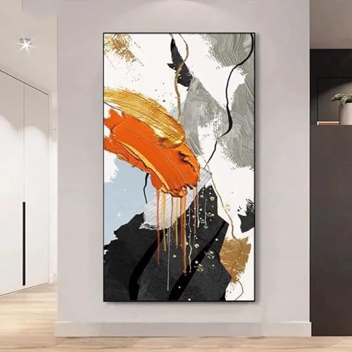Peinture intérieure abstraite de salon or et orange 80 x 160 cm luxe avec cadre
