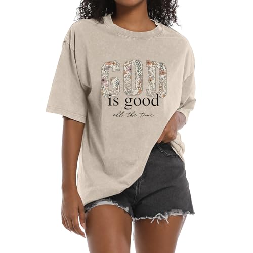 Image of Christian God is Good Shirts for Women Jesus Faith Religious T Shirts Floral Graphic Oversized Acid Washed Tee Tops