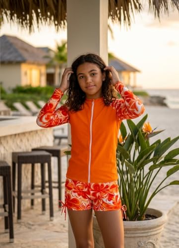 Image of Funnycokid Girls Swimsuit 3 Pieces Long Sleeve Rash Guard Zip Bathing Suits Teens Boyshort 3-14 Years