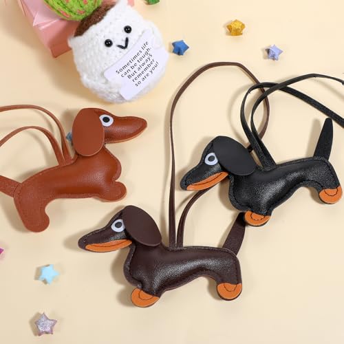 Lusofie 3 Stück Leder Dackel Schlüsselanhänger Set Taschenanhänger Tasche Welpe Hundetasche Anhänger Bag Charms Hundeförmiger Tierisch Keychain Süßes Hund Deko Dackel Geschenke Für Frauen Männer