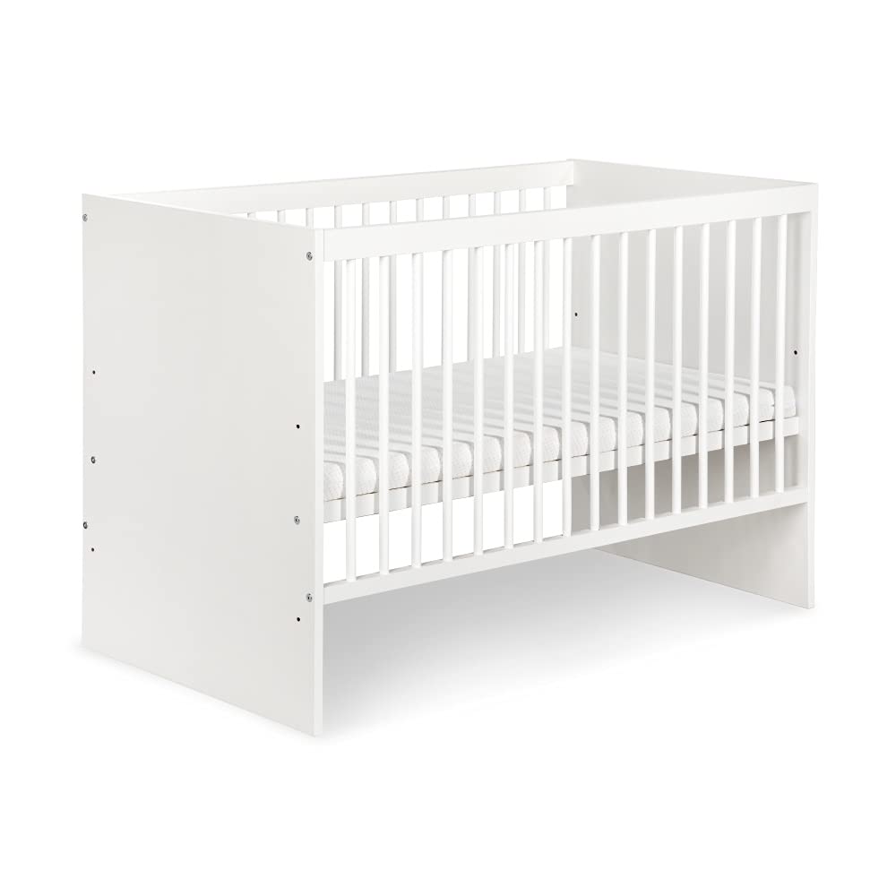Lit Tany Blanc 120 x 60 cm - Lit bébé avec sommier à Lattes 3 Niveaux réglables en Hauteur - Bois de pin laqué