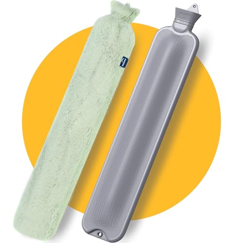 XXL Wärmflasche Lang & Groß 3,5 Liter mit Bezug - Grün - Nahtlose Ausführung - Flauschig Wärmflaschenbezug - Lange Wärmeflasche XL für Babys,...