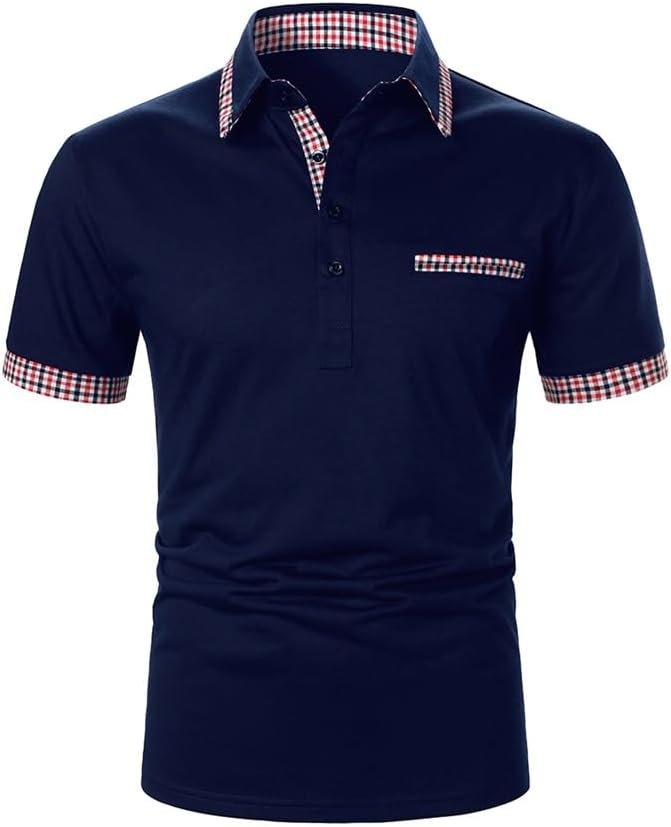 メンズ ポロシャツ 半袖 トップス チェック柄 ビジネス服 カジュアル ストリート ラペル トップ(Size:XL code)