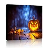 ハロウィーンカボチャキャンバスプリントブルーナイトウォールアートポスターリビングスペースダイニングルームとオフィスのための秋の壁アート装飾65x65cmインナーフレームを吊るす準備ができています