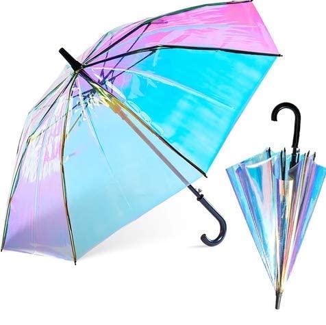™ Shiny Holographic Umbrella for Woman Colorful Rainbow Umbrella Transparent Colour Changing Umbrella for Men Long White Handle Umbrella Rain Big Umbrellas fashionable magic transparent umbrella Dome Umbrella-image-36