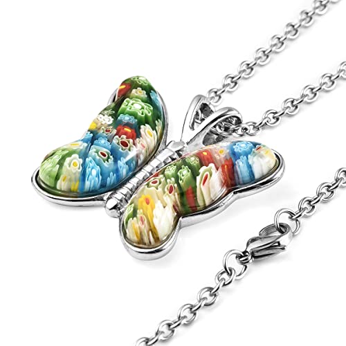 Shop Lc Colorful Dainty Butterfly Necklace For Women Murano Style Millefiori Glass Cute Aesthetic Beach Jewelry Friendship Gifts For Friend Mom 20" Birthday Gifts #TOP3