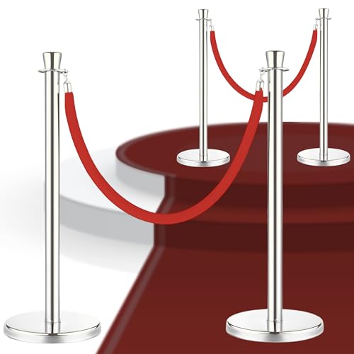 2PCS Silver Stanchions with 5FT Red Velvet Rope - Heavy Duty Crowd Control Barriers and Rope Safety Barriers for Events, Weddings, Red Carpet and Stanchion Set for Party - 39.4 Inch Post Height