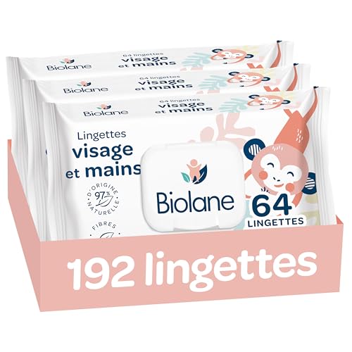 BIOLANE - Lingettes bébé visage et mains - Lot de 3 paquets - 192 Lingettes (3x64) - Nettoie et protège - Toilette - Peaux Sensibles - 97% d'ingrédients...