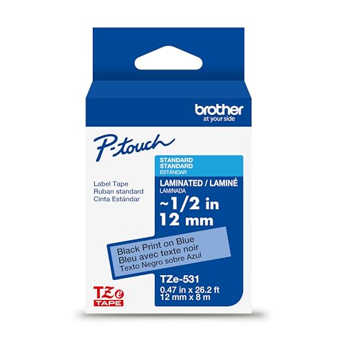 Brother Genuine P-Touch TZE-531 Tape, 1/2" (0.47") Standard Laminated P-Touch Tape, Black on Blue, Laminated for Indoor or Outdoor Use, Water Resistant, 26.2 Feet (8M), Single-Pack
