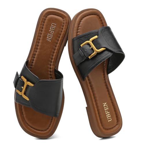 Image of UBFEN Womens Square Toe Flat Sandals Slides Dressy Comfortable for Beach