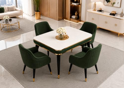 Image of WOODEN SPACE 4 Seater Wooden Dining Table Set | Urban Marble Top Dining Table with Chairs for Dining Room & Kitchen (Modern Zyro Dark Green) (54 x 36 x 30 inch)