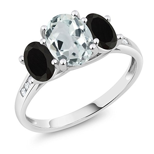 Gem Stone King 10K White Gold Diamond Accent Oval Sky Blue Aquamarine Black Onyx 3-Stone Ring 1.88 Ct (Size 7)