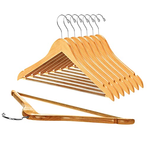 Image of Naayaab Craft Solid Wooden Hangers | 360 Swivel Hook and Notches | Wooden Clothes Hanger for Hanging Garments and Accessories with Non-Slip Bar (Natural) Pack of- 8