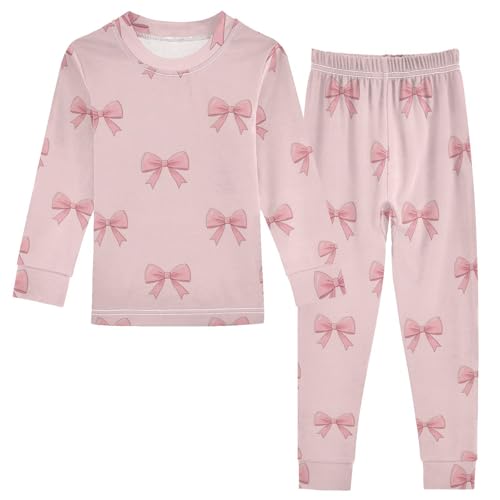 Pajama Sets Long Sleeve Pink Bows on Background Soft Comfy Sleepwear 2 Piece PJS 3-8T