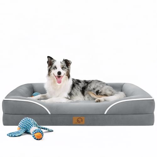 Homemate Dog Bed Large Sized Dog: 42'x30' Orthopedic Pet Bed with Toy | Large Dogs Bed with Non-Slip Botton & Removable Washable Cover Cat Bed Sofa XL Outdoor Crate Pad Couch Light Grey