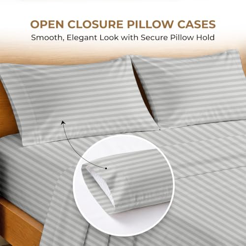 Image of SGI bedding RV Short Queen Sheet Set 60x75, 600 TC Egyptian Cotton, 4 Piece Luxury Hotel Collection, Ultra Soft & Breathable, Fits RV Mattress Camper & Trailer, 15 Inch Pocket, Light Grey Stripe
