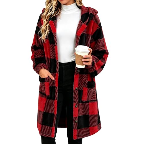 Chaqueta para Mujer Fleece Jacket Women Hooded Plaid Sherpa Button Front Coat Winter Outerwear Fall Coats for Women 2026 Trendy Soft Autumn Capsule Wardrobe Wine S - image 4
