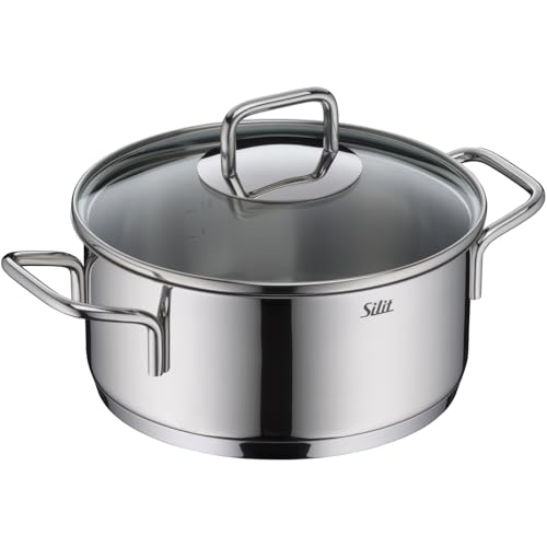 Silit Extra Cook, Bratentopf 20 cm mit Glasdeckel, Innenskalierung, breiter Schüttrand, hochwertiger, spülmaschinenfester Crominox-Edelstahl, Kochtopf groß, optimale Wärmeverteilung, Induktion
