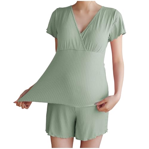 Generisch - Still Schlafanzug Damen, Stillpyjama Set Damen Kurz Zweiteiliger Still Pyjama Baby Umstands Kurzarm Stillshirt und Shorts Mutterschaft Schlaf Schwangerschaft Stillfunktion Nachtwäsche Hausanzug
