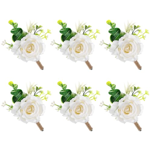 Lot de 6 boutonnières roses artificielles blanches cobee pour costume de mariage et bal