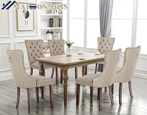 Maison Arts Faux Leather Dining Chairs Set Of 6, Upholstered Tufted Dining Room Chairs With Ring Pull Trim & Button Back Modern Diner Chairs With Solid Wood Legs For Kitchen Dining Room (Beige, 6Pcs) #TOP5