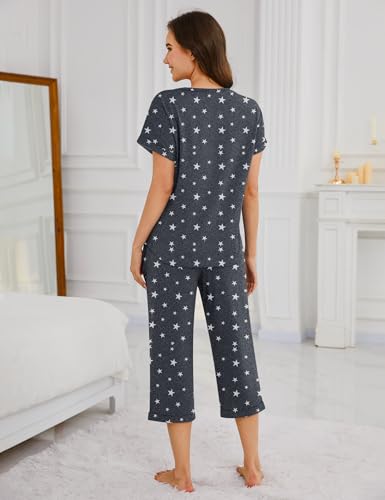 Marvmys Women's 2 Piece Capri Pajama Set Summer Short Sleeve Pj Sets Lightweight Lounge Set Sleepwear Grey Star 2XL — view 4
