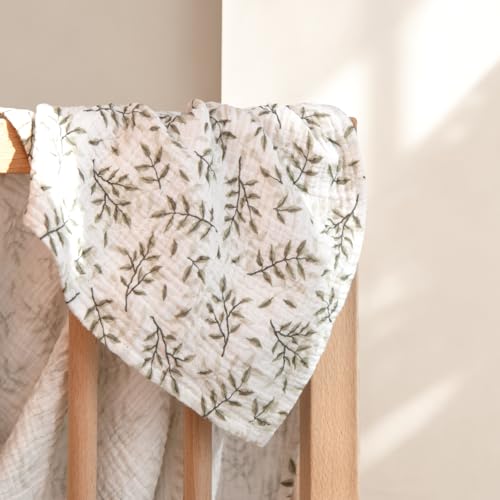 Image of lulumoon Muslin Swaddle Blankets for Baby: Cotton & Soft Receiving Blanket for Newborn with Leaves Printed- Neutral Gift for Baby Shower 2pack(Olive Leaf)