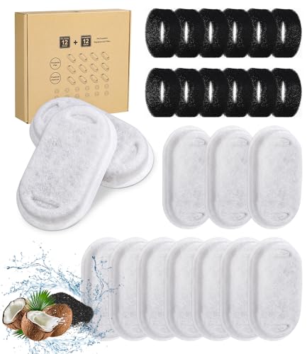 Yulado Filtros De Fuente Para Gatos, 24 PCS Pet Fountain Filters,12 Filtros De Carbón Y 12 Filtro Espuma Filtro De Repuesto,Filtros De Repuesto Para Fuente De Gato Para 2/3,2L Fuentes Acero Inoxidable