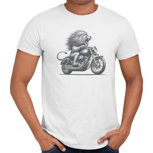 Moto t-shirt homme en coton col rond imprimé graphique lion noir