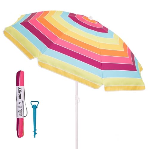 Pack de sombrilla playa Arco Iris de 8 varillas y soporte de arena con protección solar UPF+50, de revestimiento plateado, sombrilla anticorrosión de aluminio y loneta de rayas multicolor de Ø 200 cm