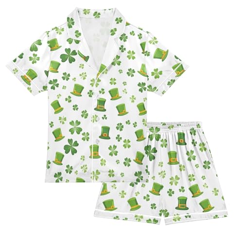 Cute Clover Green Hats Summer Satin Pajama Set, Cute Button-Down Sleepwear Pj Set for Sleep Wears