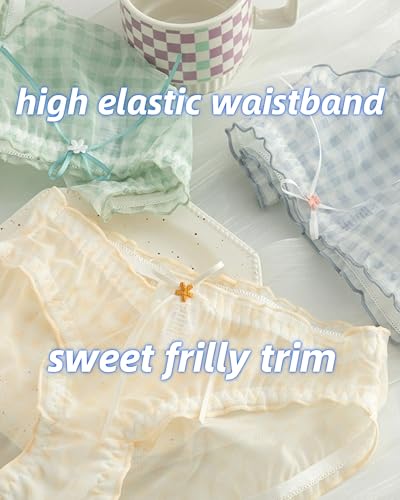 Cute Plaid Panties for Teen Girls Bow Decor Briefs Kawaii Ruffled Trim Underwear Mid Rise Cotton Crotch 5-Pack (5 colors-plaid,X-Large)4