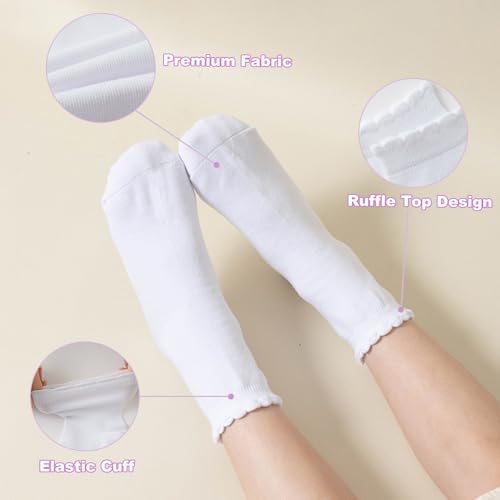 BONANGEL Girls Ruffle Socks, 5 Pairs White Frilly School Uniform Cotton Crew Ankle Dress Socks for Girls 4-12 Years2