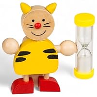MIJOMA Zahnbürstenhalter aus Holz mit Sanduhr für Kinder – lustige Tierfiguren, ca. 8x8,5 cm – spielerisches Zähneputzen, 3 Minuten Timer, pädagogisch & dekorativ (Tiger Gelb)