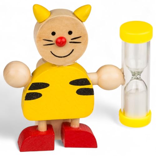 MIJOMA Zahnbürstenhalter aus Holz mit Sanduhr für Kinder – lustige Tierfiguren, ca. 8x8,5 cm – spielerisches Zähneputzen, 3 Minuten Timer, pädagogisch & dekorativ (Tiger Gelb)
