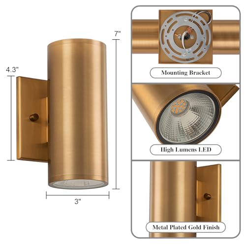 Image of Modern Outdoor Wall Light 2 Packs Up and Down Lights, 7 inch Gold Exterior Light Fixture for House Porch Patio Garage
