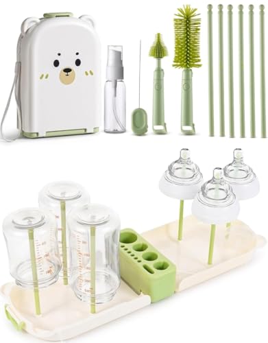 Image of Travel Bottle Cleaner kit, 7in1 Baby Toddler Travel Essential Silicone Bottle Brush Set, Nipple, Drying Rack, Straw, & Breast Pump Cleaning, Soap Dispenser & Organizer Case, Gift Mom