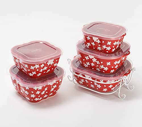 Temp-tations 5 Dish Set Sculpted Multi Purpose Bake & Serve Set: 3 Bakers, 2 Bowls Plus Plastic Covers, Field of Flowers (Red)