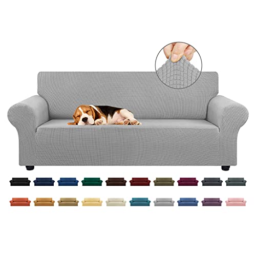 KEKUOU Stretch Sofa Cover Slipcover ,Couch Covers for 3 Cushion Couch Sofa pet Friendly (78"-94") Furniture Protector Sofa with Elastic Bottom for Kids,Dog, Jacquard Small Checked(Large,Silver)