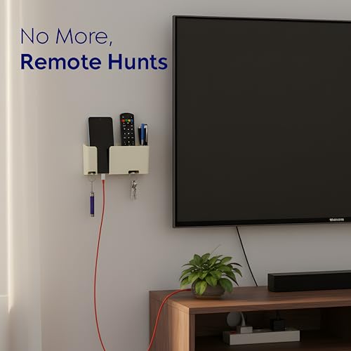 Image of Mobile & Remote Wall Holder | ABS Wall Mount Stand with 3 Compartments for Phone, Remotes & Pens | 2 Key Hooks | No-Drill Mount with Strong Double-Sided Sticker (Milky White) (Pack of 4)
