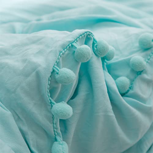 Ihoustriy Kid's Duvet Cover Twin Size,100% Washed Microfiber 2Pcs Bedding Duvet Cover Set, Pom Poms Fringe Solid Color Soft And Breathable With Zipper Closure & Corner Ties (Twin, Turquoise Blue) #TOP4