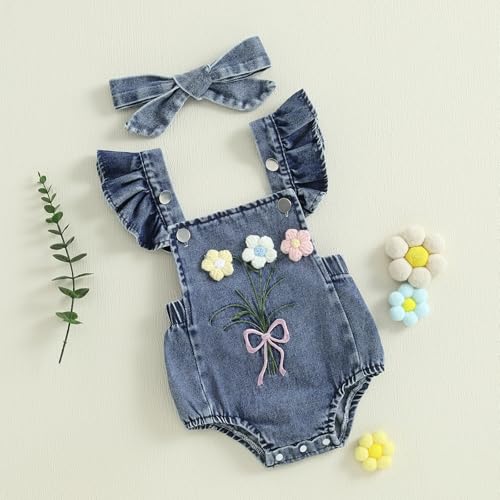 MAINESAKA Baby Girl Denim Romper Floral Sleeveless Ruffle Denim Bodysuit Overalls with Headband Newborn Summer Outfit2