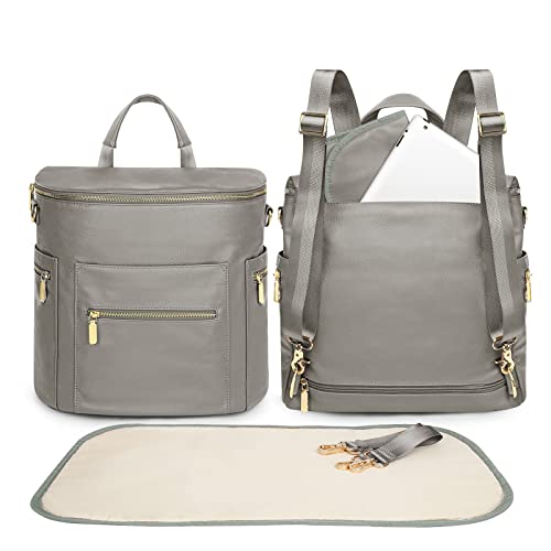 Image of miss fong Diaper Bag Backpack Baby Diaper Bag, Large Leather Diaper Backpack with 16 Pockets Travel Diaper Bag with Diaper Changing Pad, Stroller Straps & 2 Insulated Pockets (Convertible, Grey)