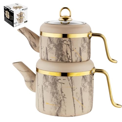 Hakan Melody Turkish Tea Pot Set | 3.5 L Tea Kettles for Stovetop with Stainless Steel Handless and Glass Lid | Aluminum Body Tea Maker | Double Stovetop Kettles with Granite Cover (cream)