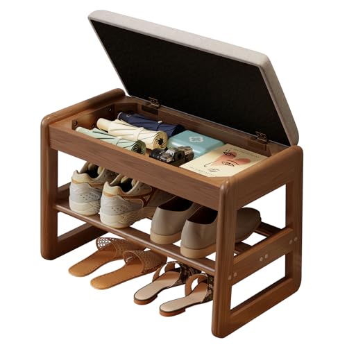 AQIMUELE Shoe Rack Bench 2 Tiers Shoe Bench with Storage with Flip-Top Wood Shoe Rack for Entryway HallwayWalnut Upholstered Seat 11.8 D x 23.62 W x 15.7 H