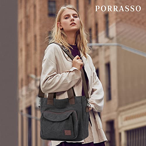 PORRASSO Women Crossbody Bag Canvas Shoulder Bag Tote Ladies Handbag Satchel Messenger Bag for Shopping Travel Work Daily Use Black2