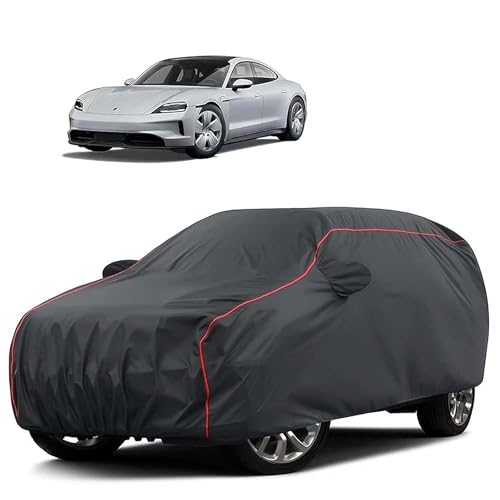 Image of Sulfar 100% Water Resistant Car Body Cover Compatible with Mirror for Porsche Taycan (Triple Stitched, Full Bottom Elastic, Dark Grey Tafetta with Red Piping)