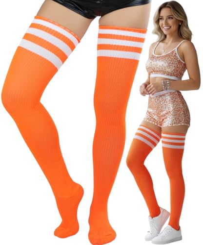 Image of ToBeInStyle Women's Heavyweight Knit Thigh High Long Socks w /Contrast 3 Stripe Top Band