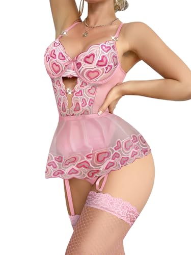 Image of Lilosy Sexy Lingerie Set 3 Piece Women Corset Bodysuit Skirt | Rhinestone Heart Stocking Garter Plus Size Underwire Mesh Sheer Lace Push Up Babydoll Halloween Christmas Valentine's Bridal